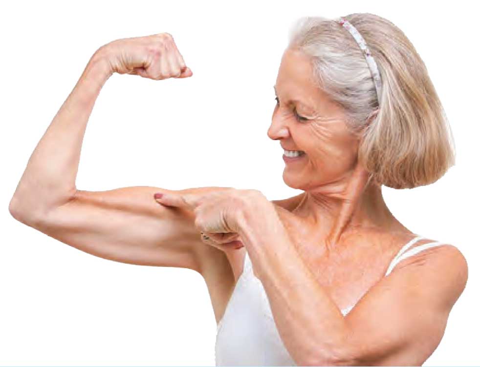 Strong, retired woman showing off her muscles