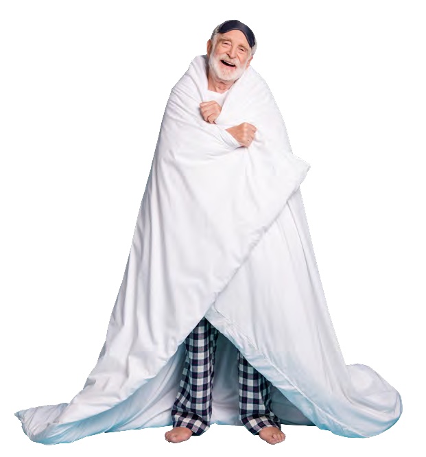 Retired man happily wrapped in a blanket