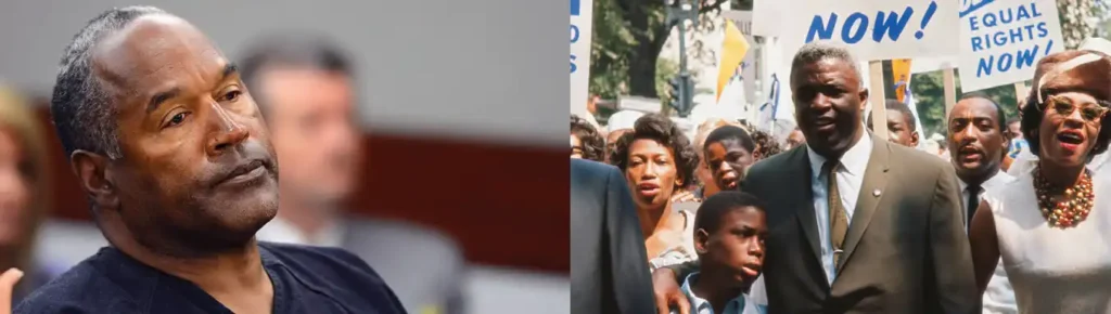 OJ Simpson on the left and civil rights protest on the right