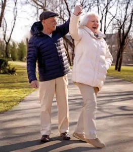 Happy couple walking outside