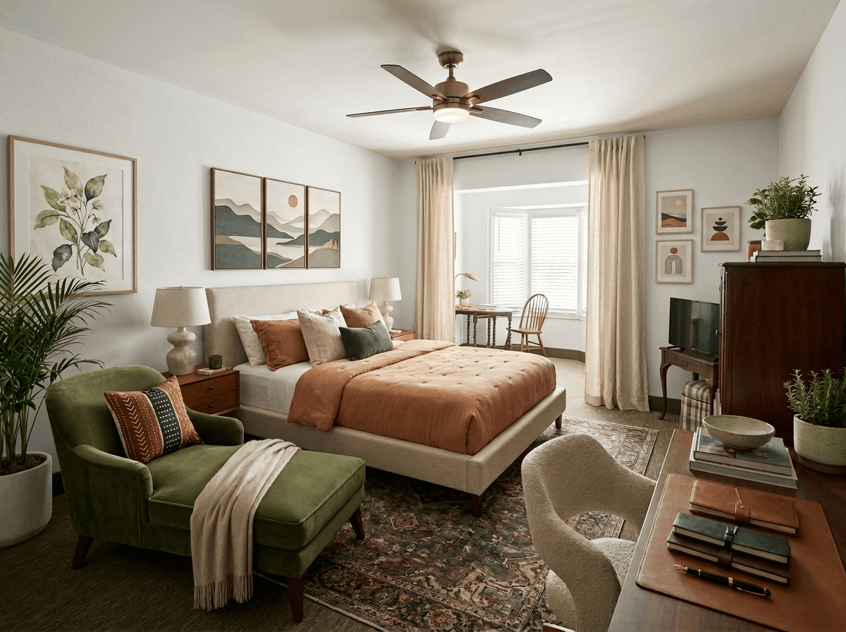 photo of a bedroom with bright natural light illuminating the room