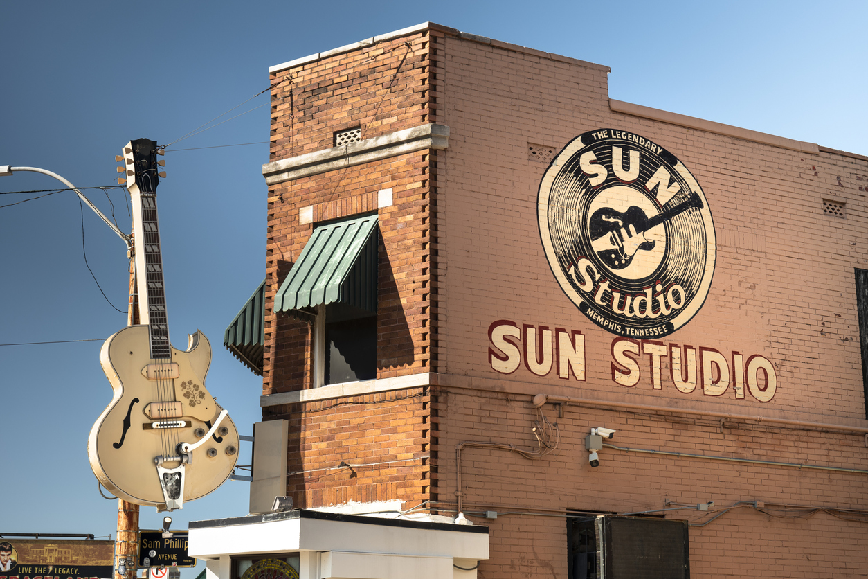 Memphis, Tennessee USA - November 2, 2023: Sun Records American independent record label Recording studio, historic building exterior in downtown Memphis Tennessee. Sun played a crucial role in the development of rock and roll, country music, and other genres by recording artists such as Elvis Presley, Johnny Cash, Jerry Lee Lewis, Carl Perkins, and many others